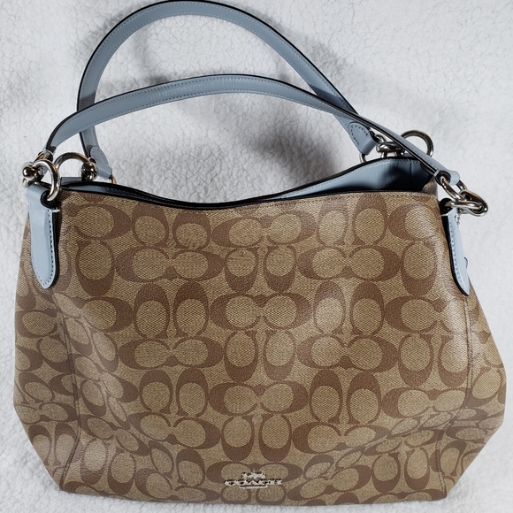 Coach Handbags - Coach Sig Hallie Khaki Pale Blue F80298 Bag NWT